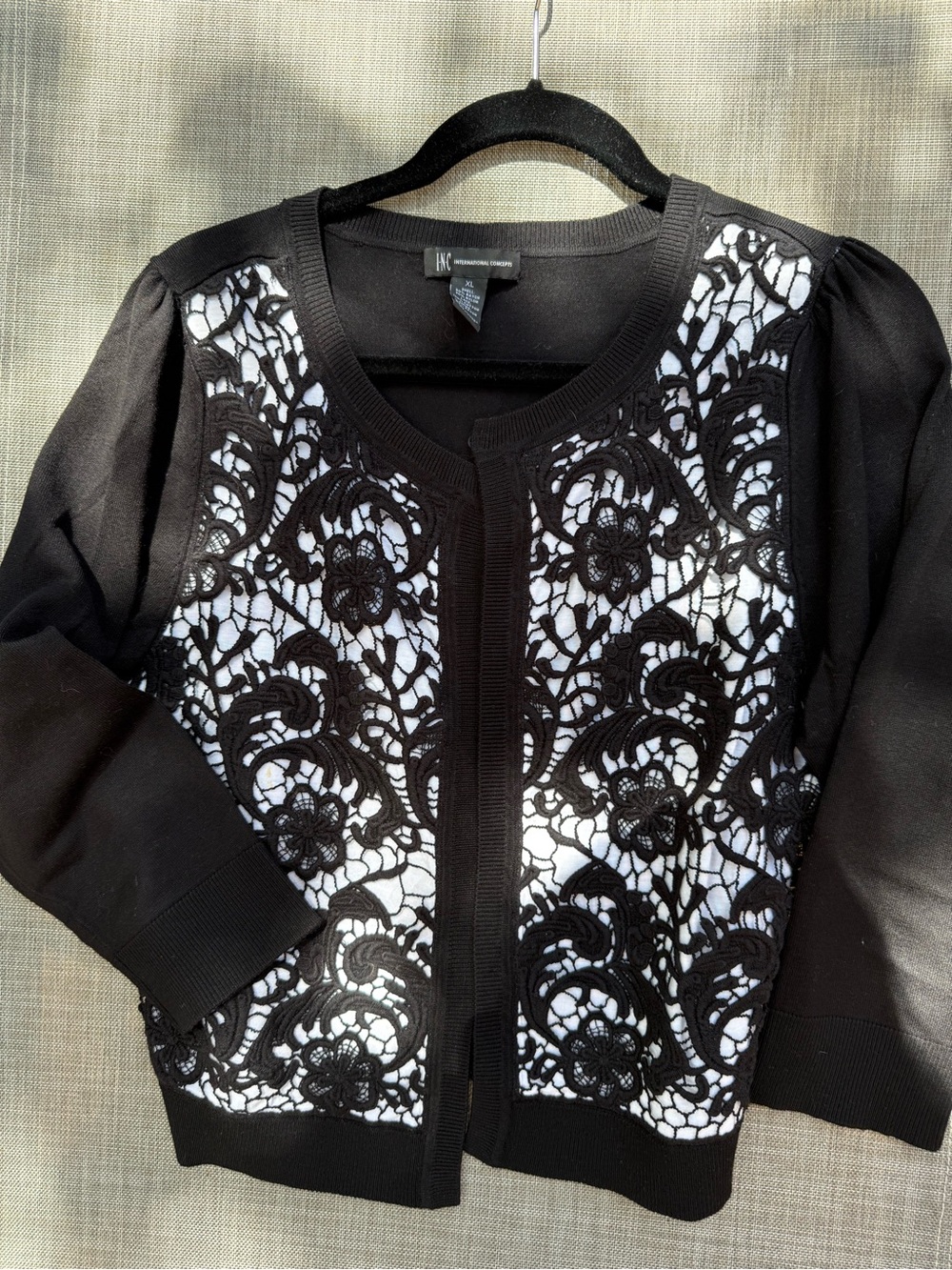 INC International Concepts Black Lace-Overlay Cardigan with White Underlay